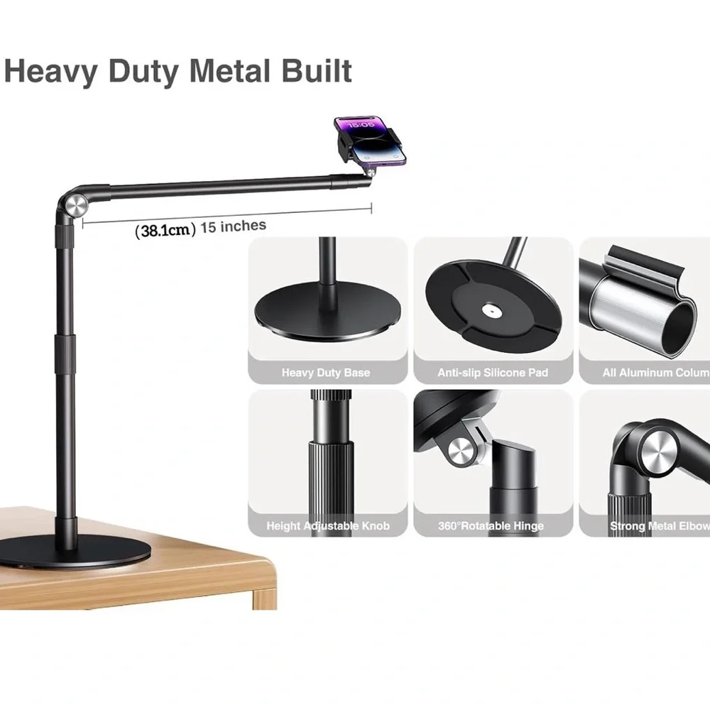 Elitehood Overhead Stand, 15 in Long Arm iPhone Holder 360 Degrees Swivel Tilt